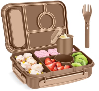 Lunch Box Adults/Kids,Bento Box Kids,1300ML- 5 vakken Lekvrij Lunchbox met sausdoos,Lunchbox Voor Volwassenen,Lunch Container,Snackbox Sandwichbox,Herbruikbaar (Bruin)