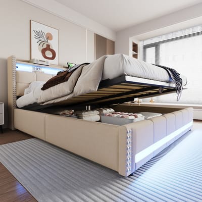 DESMIU Gestoffeerd Bed 180x200cm - Led Verlichting En Usb-Aansluiting - Hydraulische Opbergruimte En Hoofdbordplanken - Voor Volwassenen - Linnenlook - Beige Zonder Matras