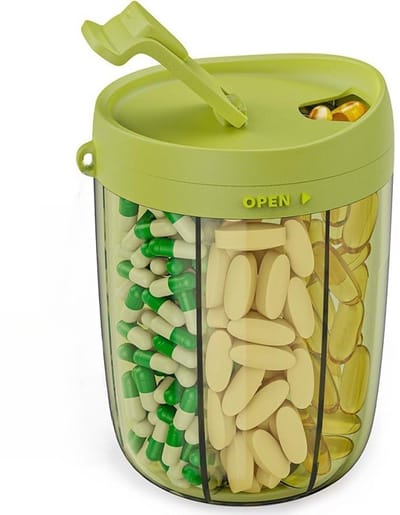 Pillendoosje - 1 stuk - Medicijnopbergdoosje - Met handvat - 9,1 x 12,7 cm - Brede opening om verwisseling te voorkomen - Geschikt voor 6 verschillende vitamines - Opbergdoosje voor voedingssupplementen - Gemakkelijke toegang tot medicijnen - Groen