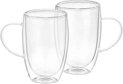Cheffinger, Lot 2 Glazen met dubbele wandhandgreep 350ml van massief borosilicaatglas, Transparant