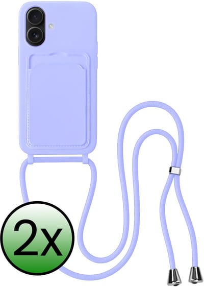 Hoes Geschikt voor iPhone 16 Plus Hoesje Pas Houder Case Hoes Met Koord - Hoesje Geschikt voor iPhone 16 Plus Hoes Met Telefoonkoord Pasjeshouder Cover - Lila - 2 Stuks