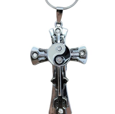 Stoer edelstaal hanger 3 kruizen met middenin Yin Yang met gratis zwart leer ketting.