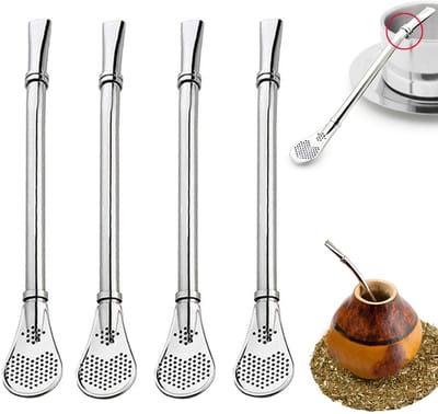4 stuks - Rietjes en lepels - Roestvrijstalen rietjes - mate ther rietje - Roerlepel - roerlepel met gat - roer lepels - Koffiefilterlepel - 15.5cm - Zilver - Geschikt voor thee koffie citroenthee sap
