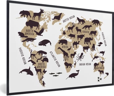 Poster in lijst - Fotolijst 90x60 cm - Posters - Wereldkaart - Bruin - Dieren - Posterlijst zwart - Decoratie - Wanddecoratie woonkamer - Muurdecoratie slaapkamer