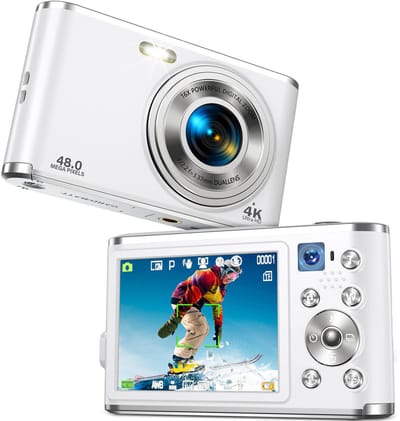 Jumalu Mini Digitale Camera 48MP 4K – Autofocus Compact Camera met 2.8” Display – 16x Zoom – Dubbele Lens Selfie – Webcam Functie – Wit/Zilver – Voor Video & Fotografie