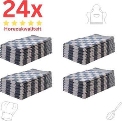 Theedoeken - Horeca Kwaliteit - Katoenenen Theedoeken set - 24 x - Blauw Wit - Ophang Lus