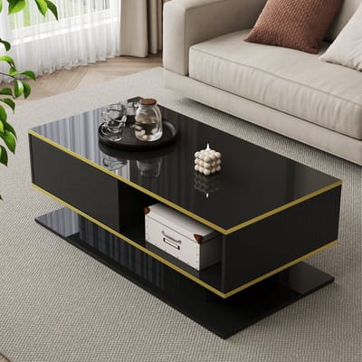 Wishdor - Salontafel - Led-Verlichting En 3 Lades - Modern - Voor Woonkamer - Spaanplaat - Zwart En Goud - 100 X 50 X 40 Cm