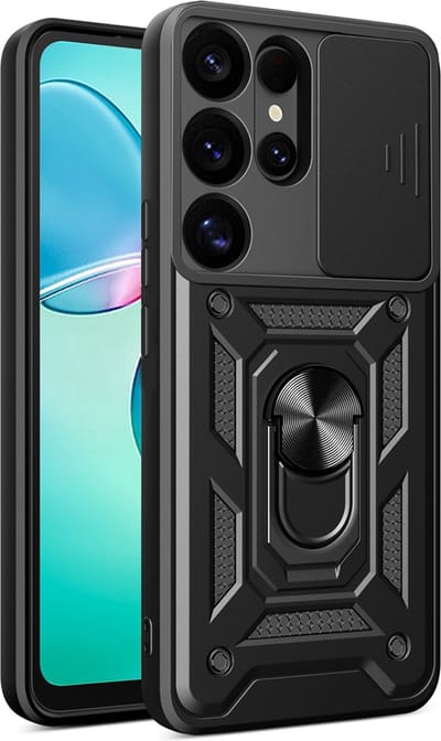 MobyDefend Hoesje - Geschikt voor Samsung Galaxy S25 Ultra - Pantsercase Met Draaibare Ring - Zwart