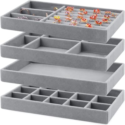 Sieradenopbergdoos met lades en trays voor het organiseren van oorbellen, armbanden en ringen - 4 stuks (Grijs)