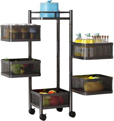 Opbergrek met 5 Draaimanden - Verrijdbaar design met 360° Wielen - voor keuken en voorraadopslag - Zwart Metaal - Bruin