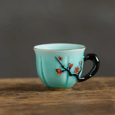 50/70ml Chinese Handgemaakte Pruimenbloesem patroon Keramische Theekopje klein Koffiekopje met handvat China porselein Mokken Theeservies T014 50-70ml
