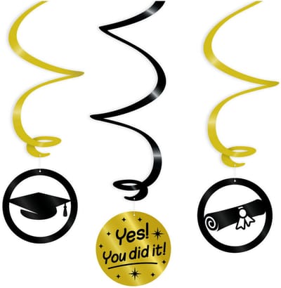 Q2P - Geslaagd Versiering – Swirl Slingers 3-delig – Yes! You Did It – Zwart Goud – Feest Decoratie / Geslaagd Slingers