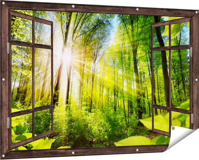 Gards Tuinposter Doorkijk Weg Omringd met Bomen in het Bos - 150x100 cm - Tuindoek - Tuindecoratie - Wanddecoratie buiten - Tuinschilderij