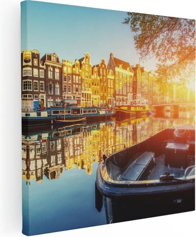 Artaza Canvas Schilderij Amsterdam - 80x80 cm - Wanddecoratie Grachten - Muurdecoratie Zonsondergang - Schilderijen Op Canvas Boot