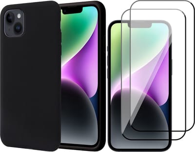 Hoesje geschikt voor iPhone 14 - Matte Back Cover Microvezel Siliconen Case Hoes Zwart - 2x Full Tempered Glass Screenprotector