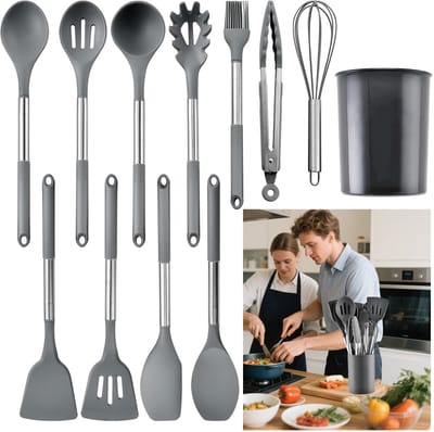 MODFU Siliconen Keukengerei Set – 12-delig met RVS Handgrepen – Praktisch en Veelzijdig – Comfortabel Koken – Geschikt voor Dagelijks Gebruik – Grijs