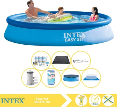 Intex Rond Opblaasbaar Easy Set Zwembad - 366 x 76 cm - Blauw - Inclusief Pomp - Afdekzeil - Onderhoudspakket - Filter - Grondzeil - Stofzuiger - Solar Mat - 8-delig