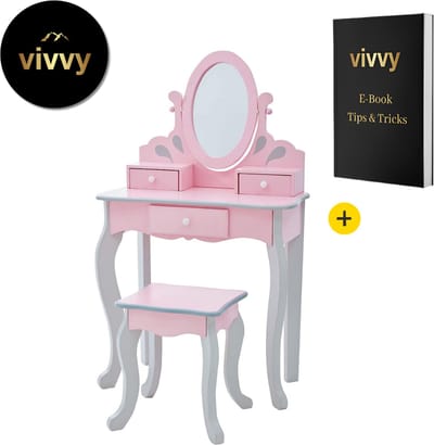 Make Up Tafel Voor Meisjes - Kaptafel Voor Meisjes 2 In 1 - Hollywood Spiegel Met Lade - Het Perfecte Cadeau - Prinses Editie - 32*63*99 Cm - Incl. Krukje