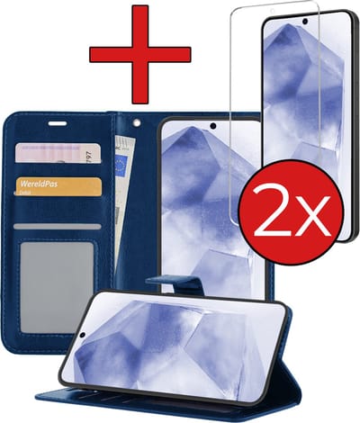Hoesje - Met 2x Screenprotector - Geschikt voor Samsung Galaxy A55 - Luxe Pasjeshouder - Flip Case - Bookcase Portemonee - Kunstleer Book Case - Flipcase Hoes - Book Cover - Walletcase - Portemonneehoes - Telefoonhoes - Donkerblauw