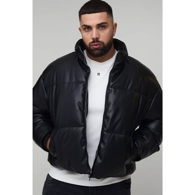 Plus Boxy Curved Hem PU Puffer Jacket | Black | Size 3XL