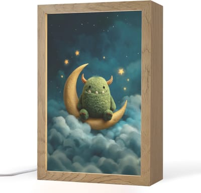 Nachtlampje 20x30 cm - Kinder lampje - Monster - Groen - Maan - Wolken - Tafellamp kinderkamer - Slaapkamer lamp - Bedlamp kinderen - Kinderlampje stopcontact - Wandlamp babykamer - Nachtlampjes