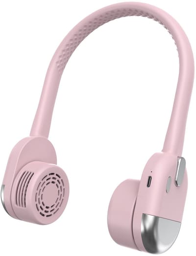 Elektrische draagbare opvouwbare nekventilator met hoofdtelefoonontwerp, draagbare miniventilator aangedreven door een oplaadbare USB-batterij, bladloze persoonlijke verkoelende nekventilator, blaast koele lucht (roze).