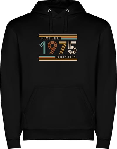 Zwarte unisex hoodie met “ Kleurrijke Limited Edition 1975 – Verjaardag – Leeftijd – Humor “ Print Full Color Color merk Roly maat S
