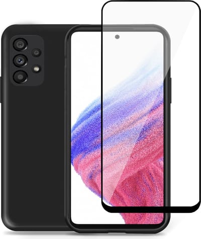 Geschikt voor Samsung A53 5G Hoesje + Screenprotector – Full Cover Gehard Glas – Suède Back Cover Case Zwart