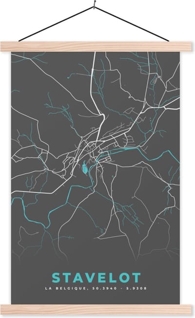 Posterhanger incl. Poster 40x60 cm - Schoolplaat - Stadskaart – Grijs - Kaart – Stavelot – België – Plattegrond - Textielposter - Blanke latten - Stadskaart