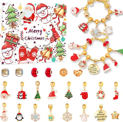 Adventskalender - Adventskalender kinderen - Adventskalender 2025 vrouw - 24 Dagen Aftelkalender - Kerstversiering - Dagelijkse Verrassingscadeaus - DIY Sieraden Maken Kit Cadeau 22 Bedelkralen en 2 Armbanden - Kerstcadeau