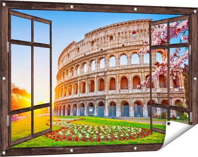 Gards Tuinposter Doorkijk Colosseum bij Zonsopgang in Rome, Italië - 120x80 cm - Tuindoek - Tuindecoratie - Wanddecoratie buiten - Tuinschilderij
