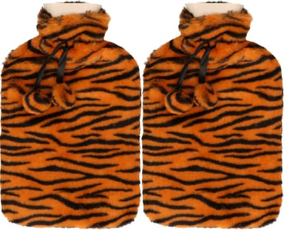 H&S Collection Warmwaterkruik - 2x - met zachte dierenprint hoes - oranje/zwart - 1,75L - kruik