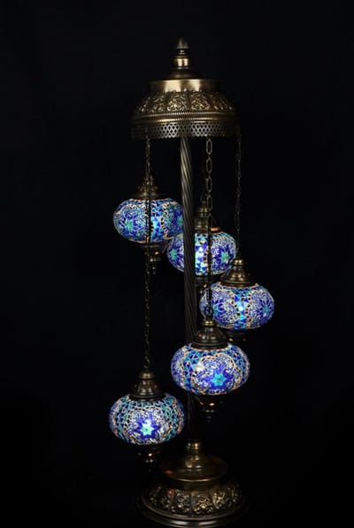 Turkse lamp - staande lamp - blauw - 5 bollen - handgemaakt mozaïek glas