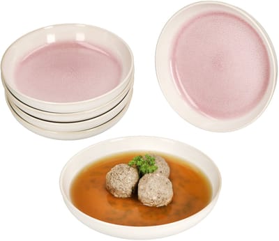 Set van 6 REACTIVE GLAZE PARIS crème & roze steengoed soepborden