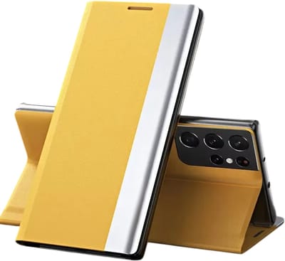 Luxe Lederen Telefoonhoesje -Flipcase – Geschikt voor Samsung Galaxy S25, Volledige Bescherming, Stand Cover, Slank en Duurzaam, Elegante Leren Hoes-Geel