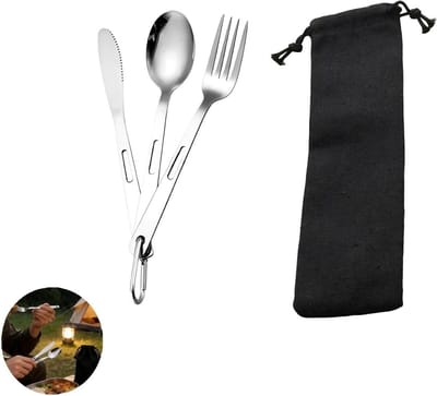 Duurzaam RVS Camping Bestekset van 3 Stukken met Karabijnhaak en Tas, Perfect voor Kamperen, Outdoor Activiteiten en Reizen