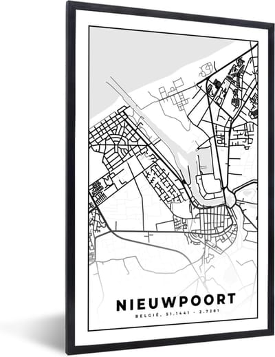 Fotolijst incl. Poster Zwart Wit- Plattegrond – Nieuwpoort – Zwart Wit – Stadskaart - Kaart - België - 40x60 cm - Posterlijst