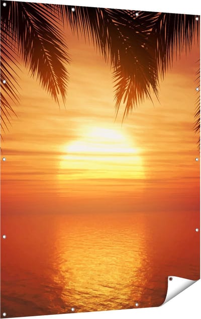 Gards Tuinposter Zonsondergang op het Strand met Palmbomen - 120x160 cm - Tuindoek - Tuindecoratie - Wanddecoratie buiten - Tuinschilderij