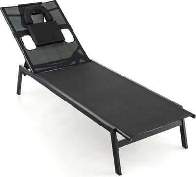 KOMFOTTEU Zonneligstoel, ligstoel voor in de tuin, met gezichtsopening en 2 zijgaten, weerbestendig, rugleuning in 5 standen verstelbaar, incl. 2 kussens, belastbaar tot 150 kg, strandstoel, tuin,