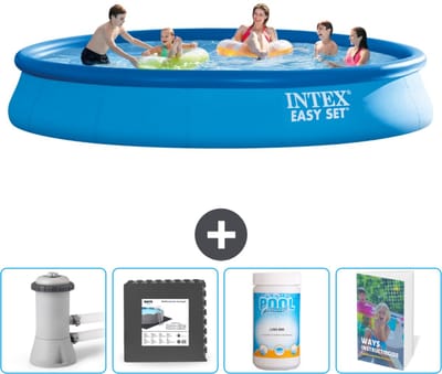 Intex Rond Opblaasbaar Easy Set Zwembad - 457 x 84 cm - Blauw - Inclusief Pomp Vloertegels - Chloor - Zwembadgids