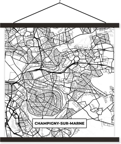 Posterhanger incl. Poster 60x60 cm - Schoolplaat - Stadskaart - Champigny-sur-Marne - Plattegrond - Kaart - Frankrijk - Zwart wit - Textielposter - Zwarte latten - Stadskaart
