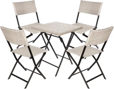 BRUBAKER Lugano Balkonset met tafel en 4 stoelen, weerbestendig, inklapbaar en ruimtebesparend, polyrotan balkonmeubelset, zitgroep voor balkon, terras, bistroset met klapstoelen, grijs/beige