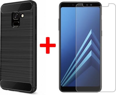 Geborsteld Hoesje geschikt voor Samsung Galaxy A8 (2018) Soft TPU Gel Siliconen Case Zwart + Tempered Glass Screenprotector Transparant