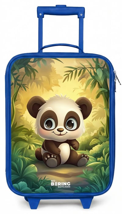 NoBoringSuitcases.com® - Kinderkoffer blauw - Kindertrolley jongen - Panda - Bamboebos - Groen - Koffer kind lichtgewicht - Reiskoffer trolley voor kinderen - Koffertje met lichtgevende wieltjes - Rolkoffer