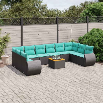 vidaXL - 11-delige - tuinbankset - met - kussens, - zwart - polyrotan