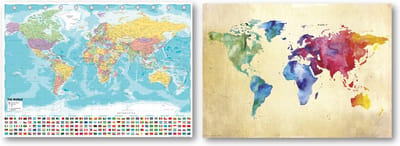Wereldkaart poster - Waterverf wereldkaart poster - Set van twee posters- Aquarel - Formaat 70 x 100 cm - Formaat 60 x 84 cm