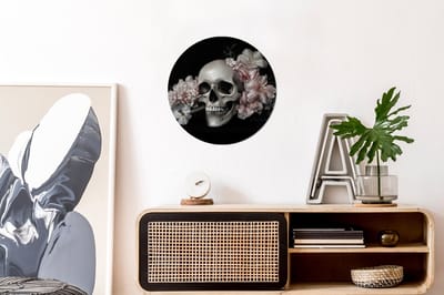 WallCircle - Wandcirkel - Muurcirkel - Skelet - Bloemen - Pink - Schedel - Botten - Aluminium - Dibond - 30x30 cm - Binnen en Buiten