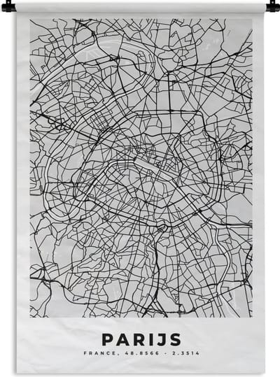 Wandkleed - Wanddoek - Parijs - Stadskaart - Zwart Wit - Plattegrond - Kaart - 120x180 cm - Wandtapijt