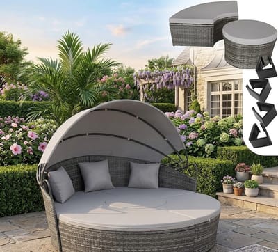 Luxe Rattan Lounge Eiland met Zonnedak 175x171x136 cm – Multifunctionele 2-4 Persoons Tuin Lounger & Relax Bed – Weerbestendige Outdoor Lounge Set Grijs – Casa Dorada