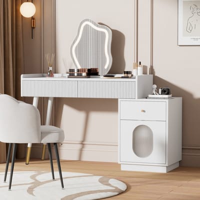 MODFU Kaptafel Met Led-Spiegel En Opbergkast - Flexibel Ontwerp - Voor Slaapkamer - Spaanplaat - Wit - 100 X 40 X 75 Cm